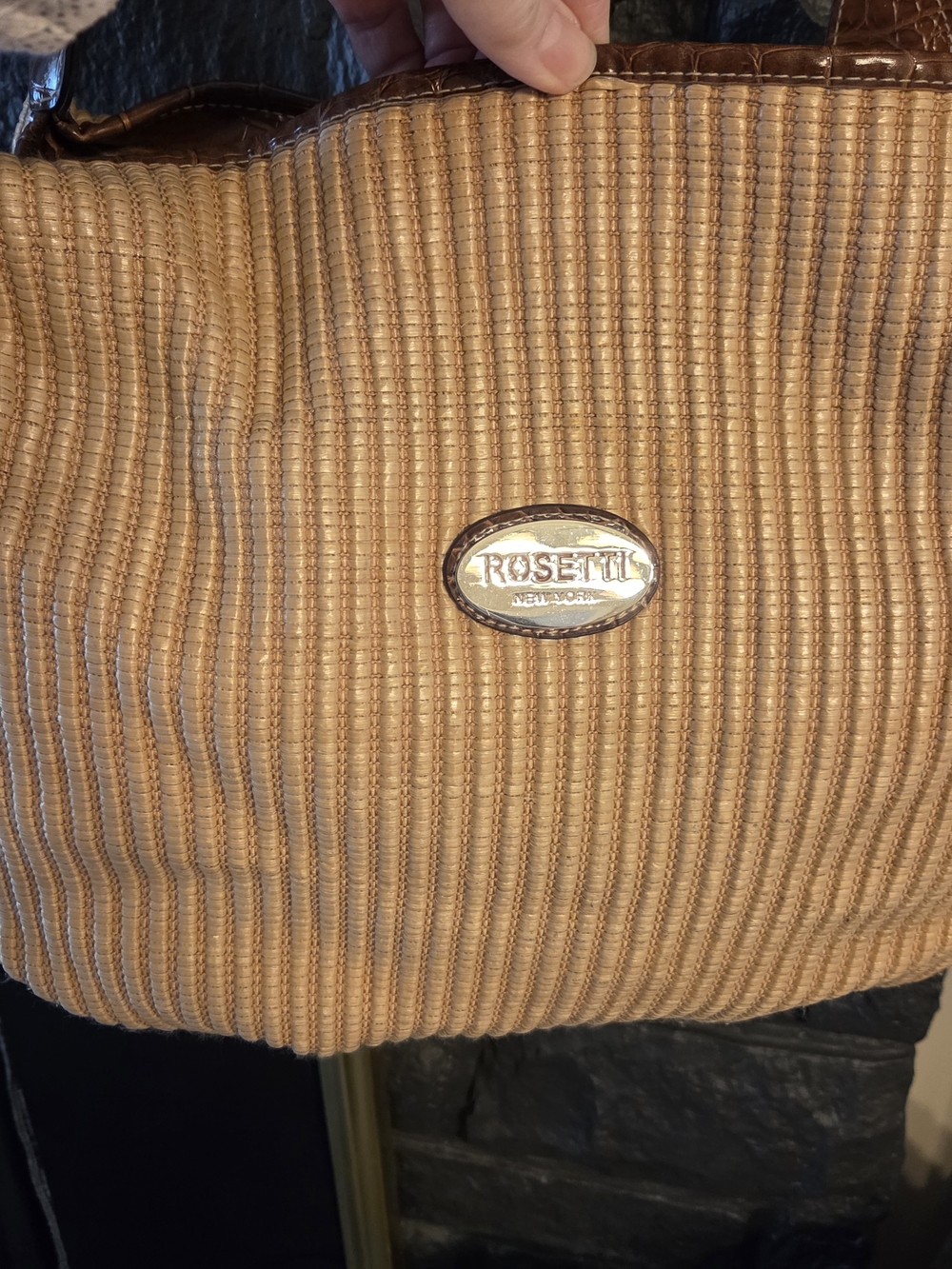 Rosetti Tan Ribbed Slouch Satchel with Gold Logo Plaque